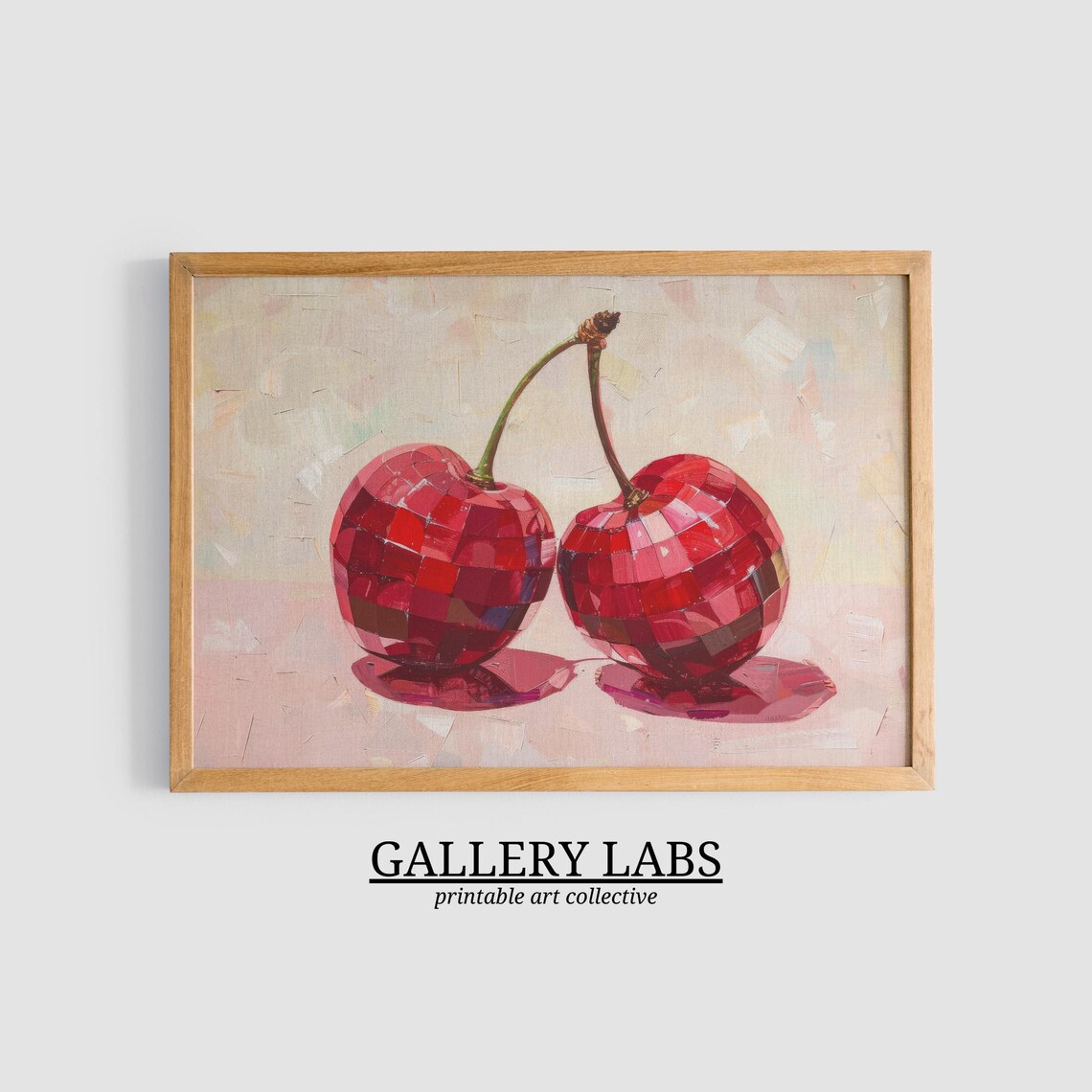 Disco Ball Cherries Red Glitter Pair Pink Background Painting Wall Art - Image 3