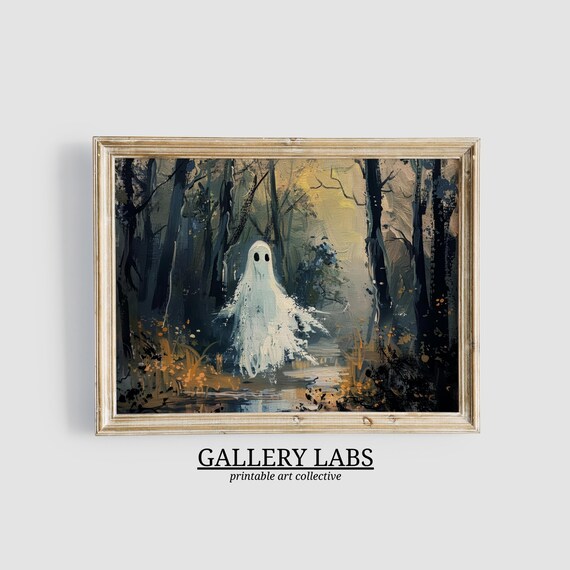 Lone Ghost Drifting in Dark Misty Forest Spooky Halloween Wall Art Print