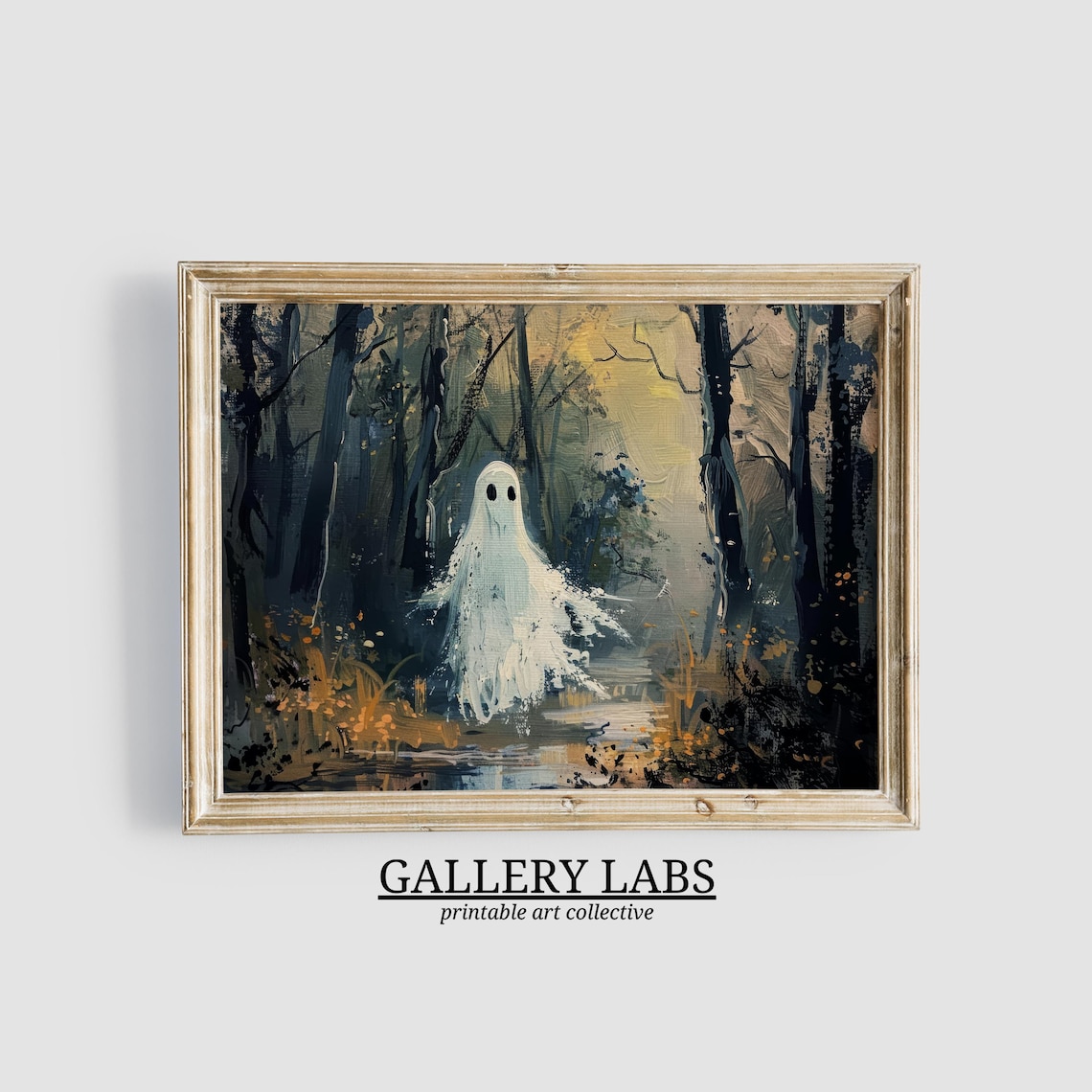 Lone Ghost Drifting in Dark Misty Forest Spooky Halloween Wall Art Print