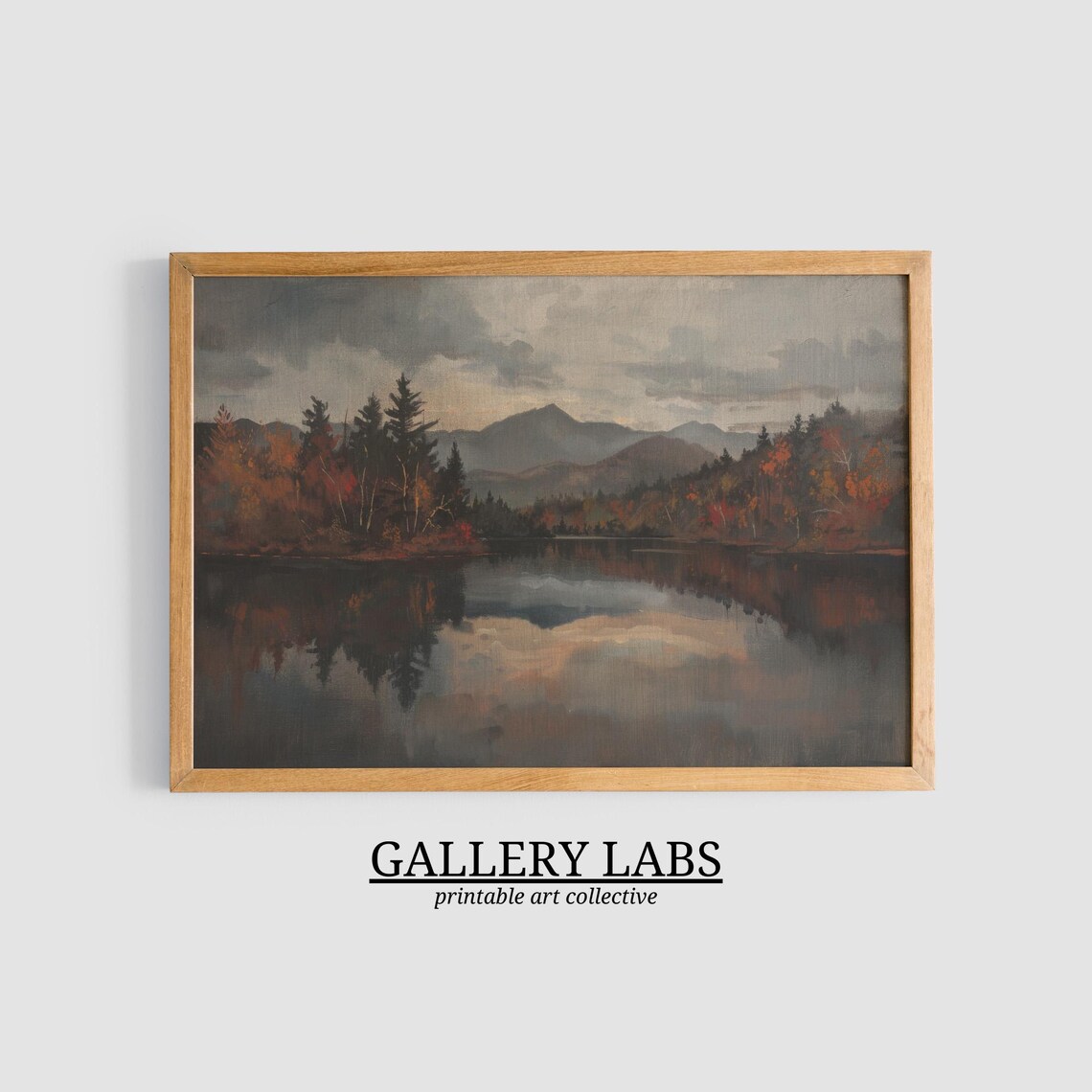 Dark Mountain Lake With Mirror Reflection at Dusk Moody Autumn Oil Painting Poster - Image 3