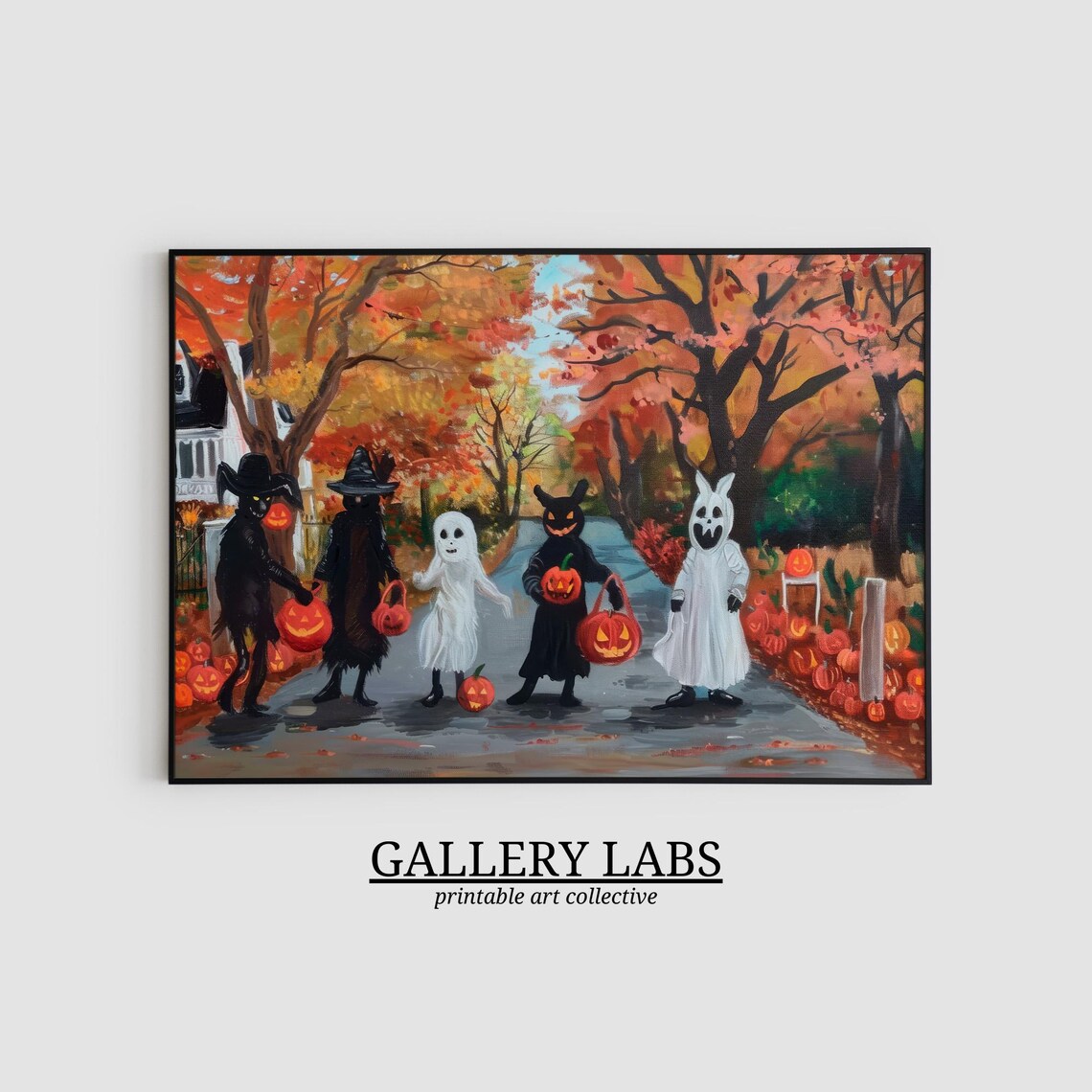 Kids Trick or Treating Costume Parade Pumpkins Autumn Halloween Wall Art Print - Image 2