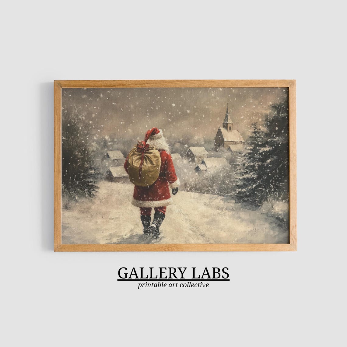 Vintage Santa Claus Snowy Village Walking Sack Christmas Art Poster - Image 3