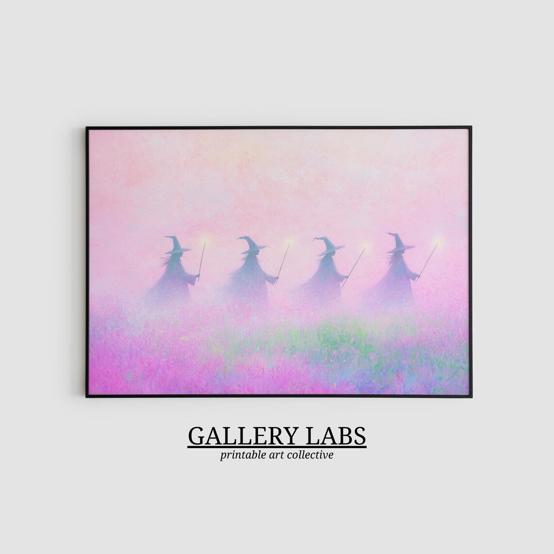 Four Pink Witches Glowing Wands Misty Field Spooky Painting Wall Poster - Image 2