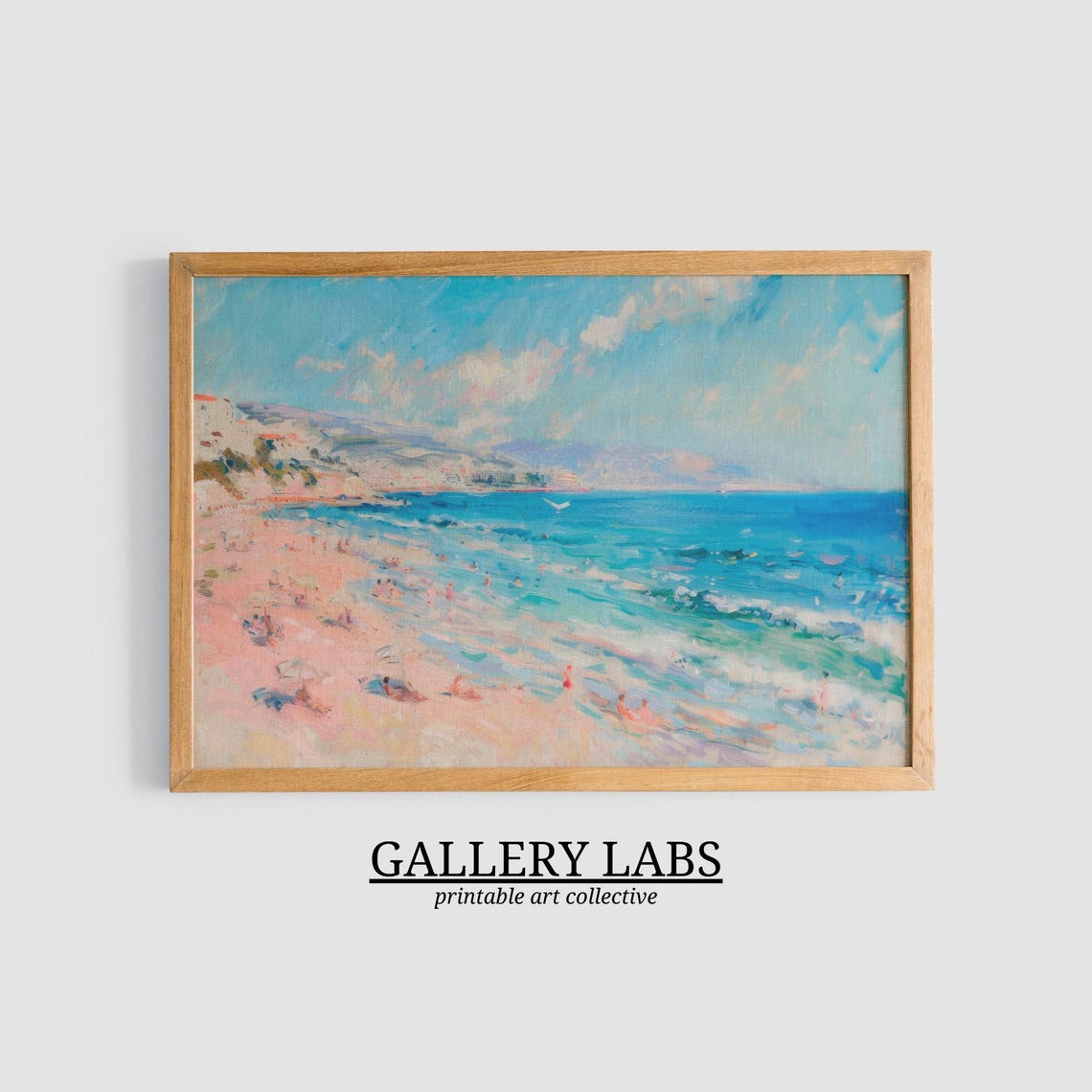Sunny Pink Sand Beach Town Bathers Impressionist Summer Poster - Image 3