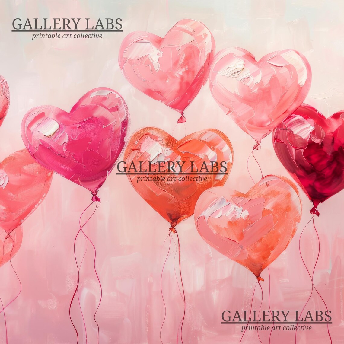 Pink Red Heart Balloons Floating Love Valentines Painting Wall Poster - Image 4
