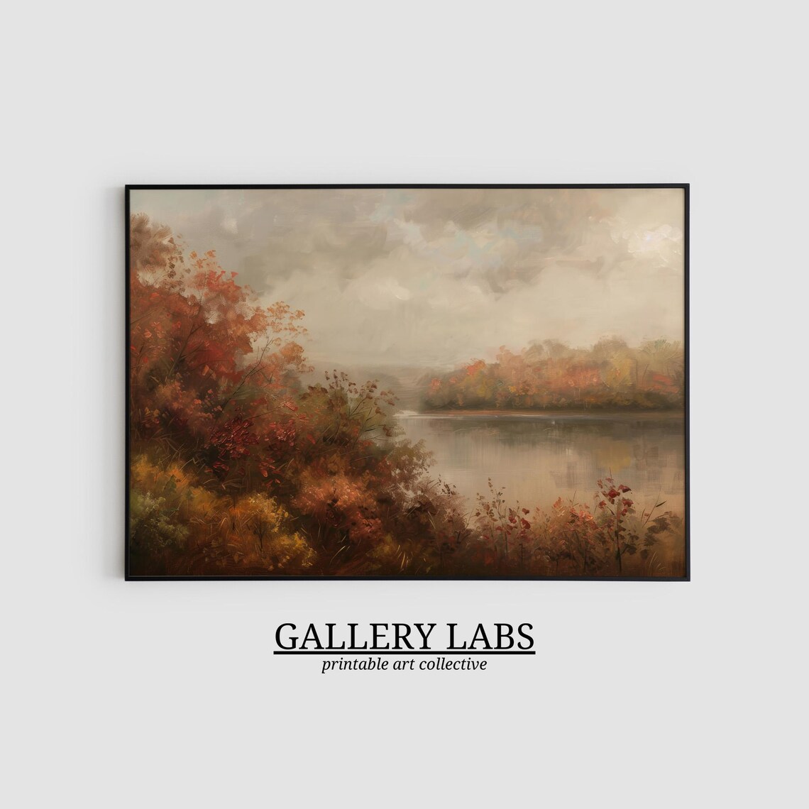 Autumn Lake With Fiery Red Foliage Shoreline Moody Fall Landscape Oil Painting Print - Image 2