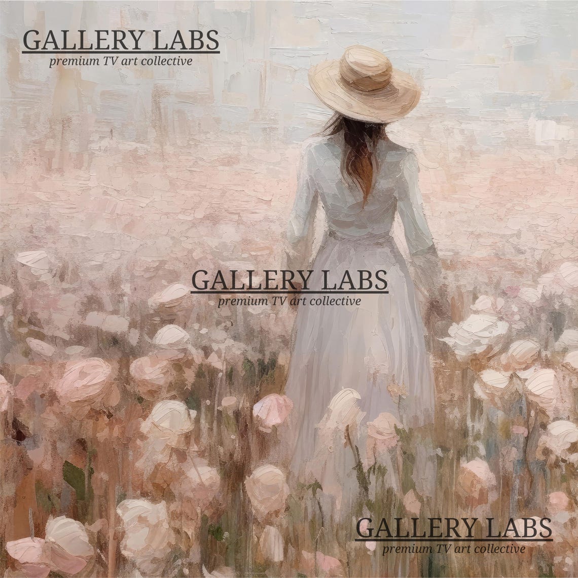 Lady in Straw Hat in Blooming Pink Rose Field Romantic Art Print - Image 4