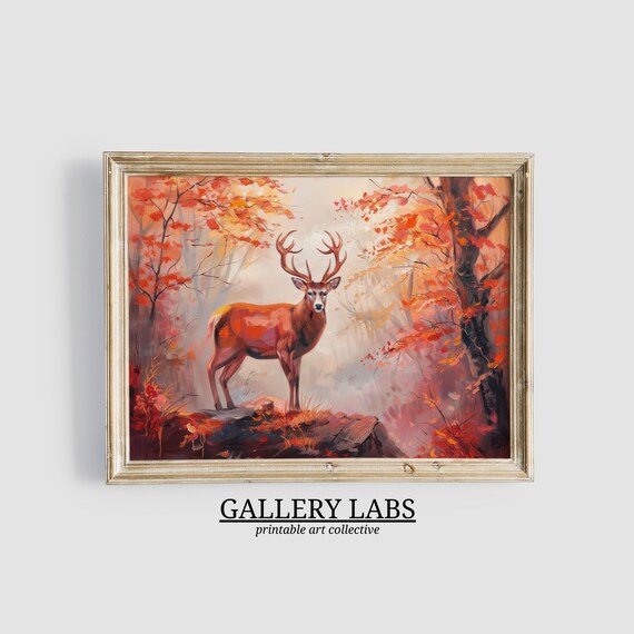 Majestic Stag Autumn Forest Red Fall Foliage Wildlife Wall Art Print