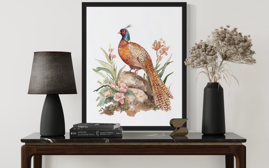 Ring Necked Pheasant Standing on a Rock Watercolor Game Bird Poster - Image 3
