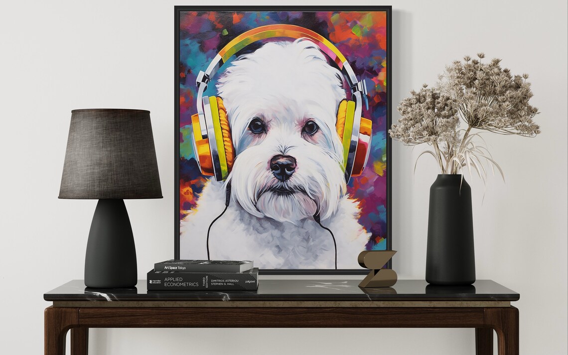 Maltese Dog Wearing Rainbow Headphones Splatter Pop Art Poster - Image 3