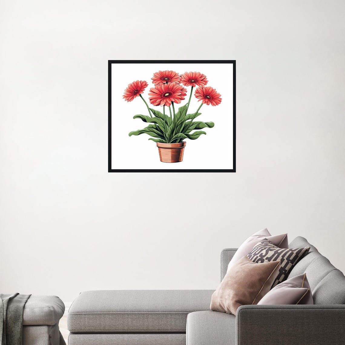 Gerbera Daisy Plant Coral Red Blooms Terracotta Pot Art Poster - Image 3