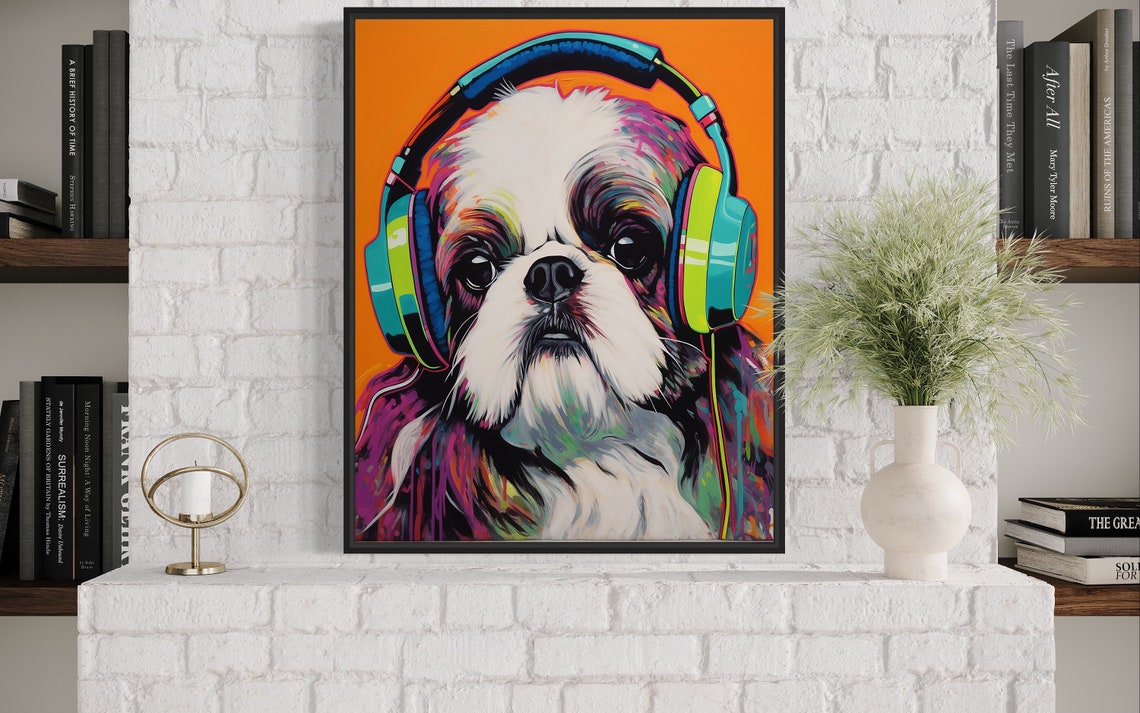 Shih Tzu Dog Wearing Bright Neon Headphones Pop Art Music Poster - Image 4