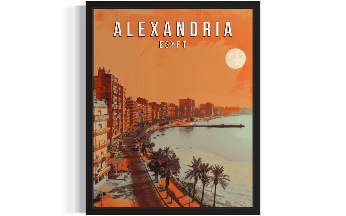Alexandria Egypt Seafront Corniche at Dusk Vintage Travel Poster