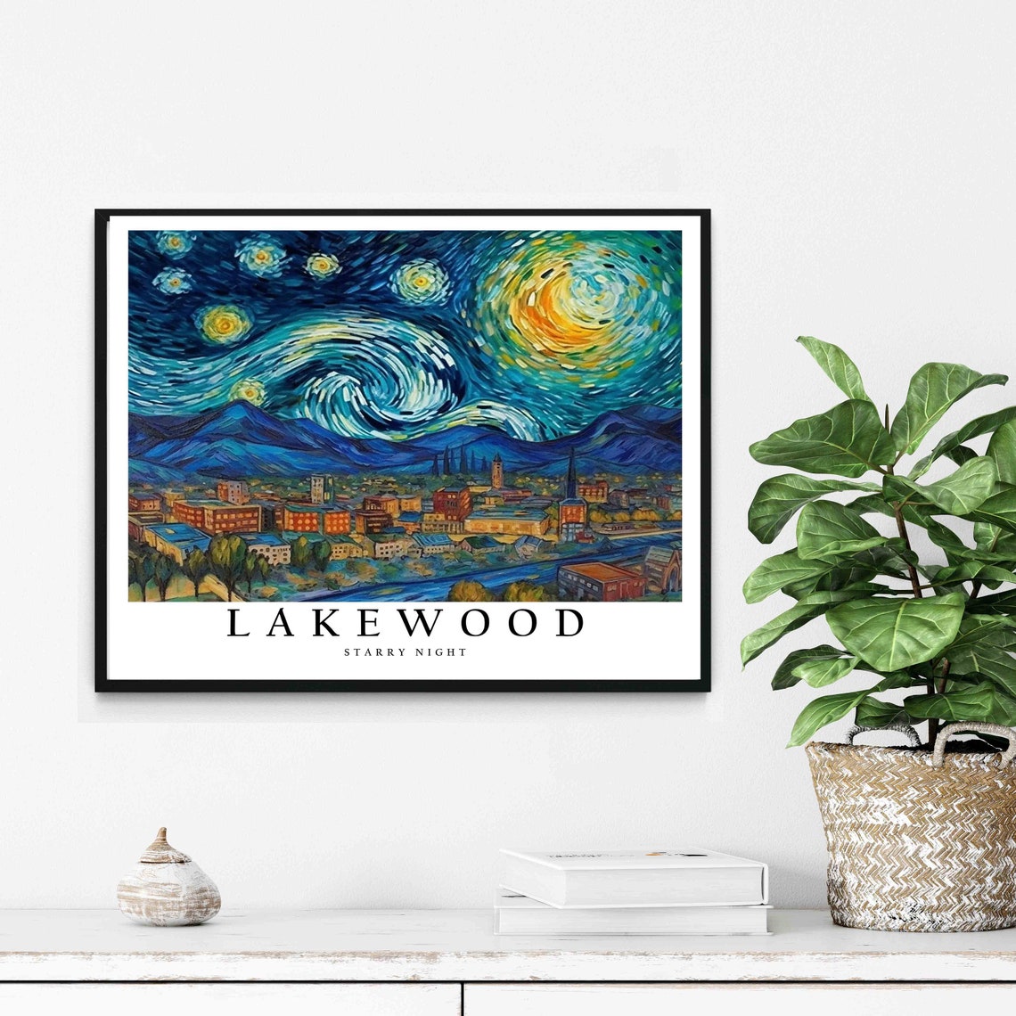 Lakewood Starry Night Downtown Skyline Mountain Backdrop Poster - Image 2