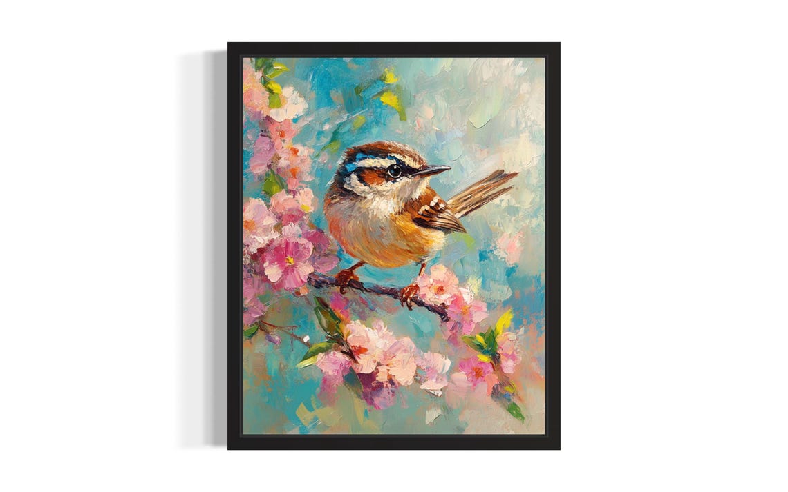 Carolina Wren On Blossom Branch Impressionist Bird Painting Poster