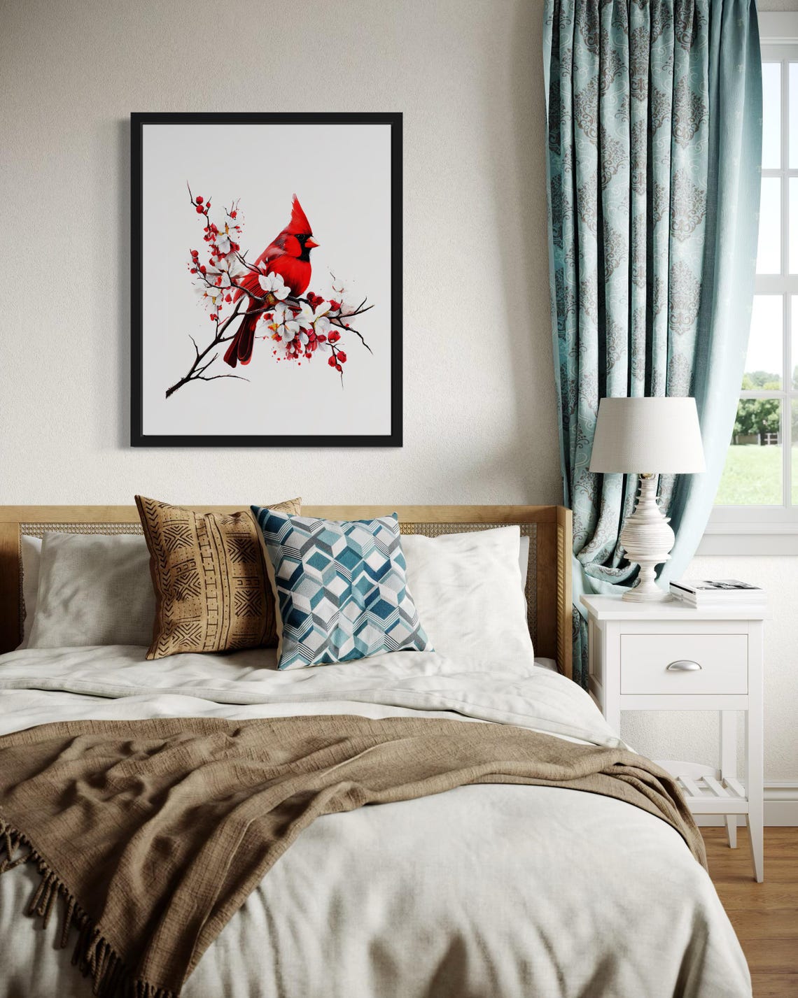 Red Cardinal Perched on Flowering Blossom Branch Watercolor Art Poster - Image 2