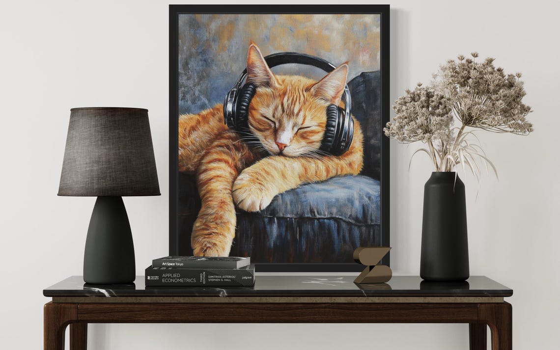 Orange Tabby Cat Sleeping with Headphones Oil Painting Poster - Image 2