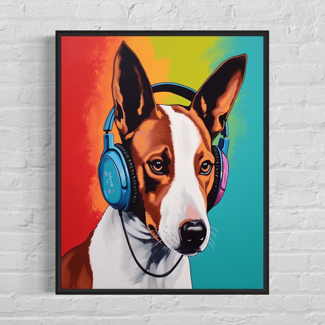 Basenji Dog Wearing Headphones Vibrant Color Block Music Poster