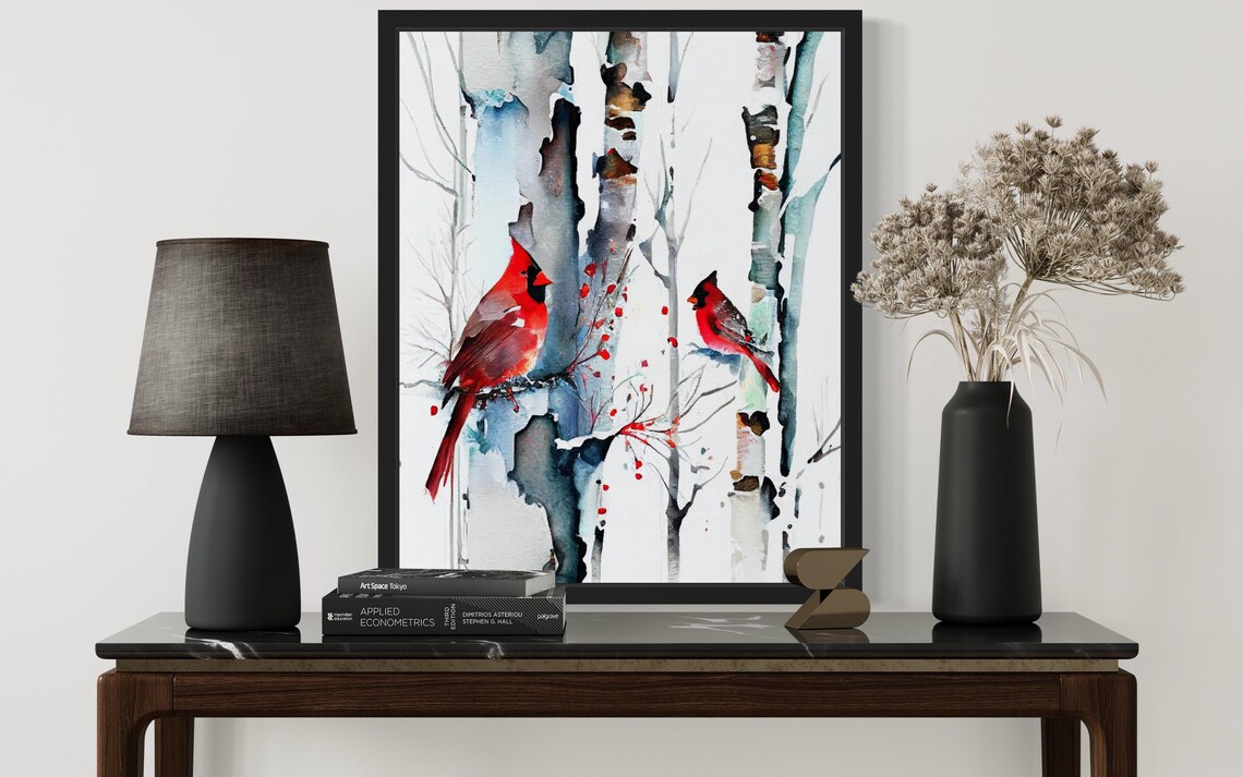 Pair of Red Cardinals on Snowy Birch Trees Winter Watercolor Poster - Image 3