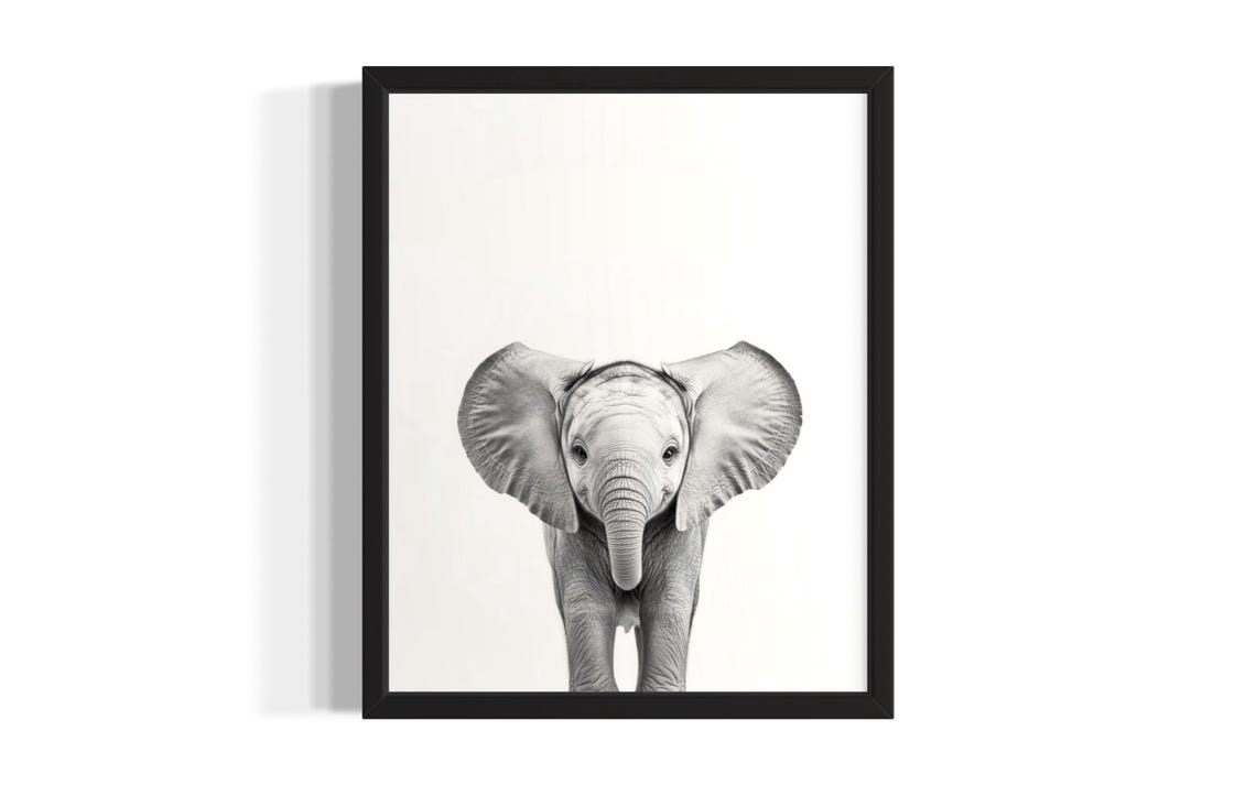Baby Elephant Portrait Black and White Nursery Animal Art Poster