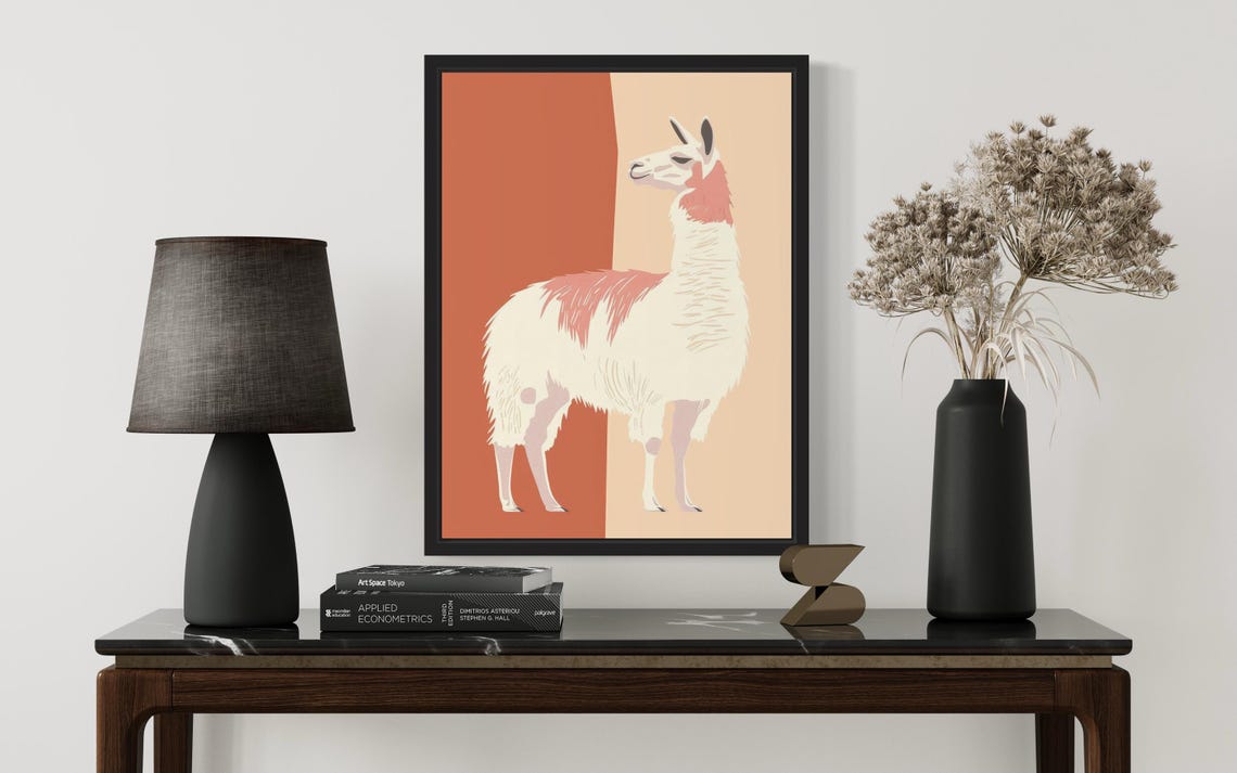 Llama Standing Full Body Terracotta Split Background Modern Poster - Image 3