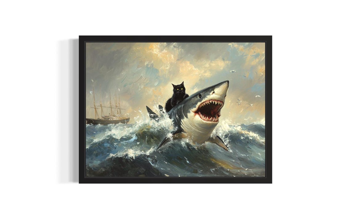 Fearless Black Cat Riding a Shark Funny Ocean Adventure Art Poster