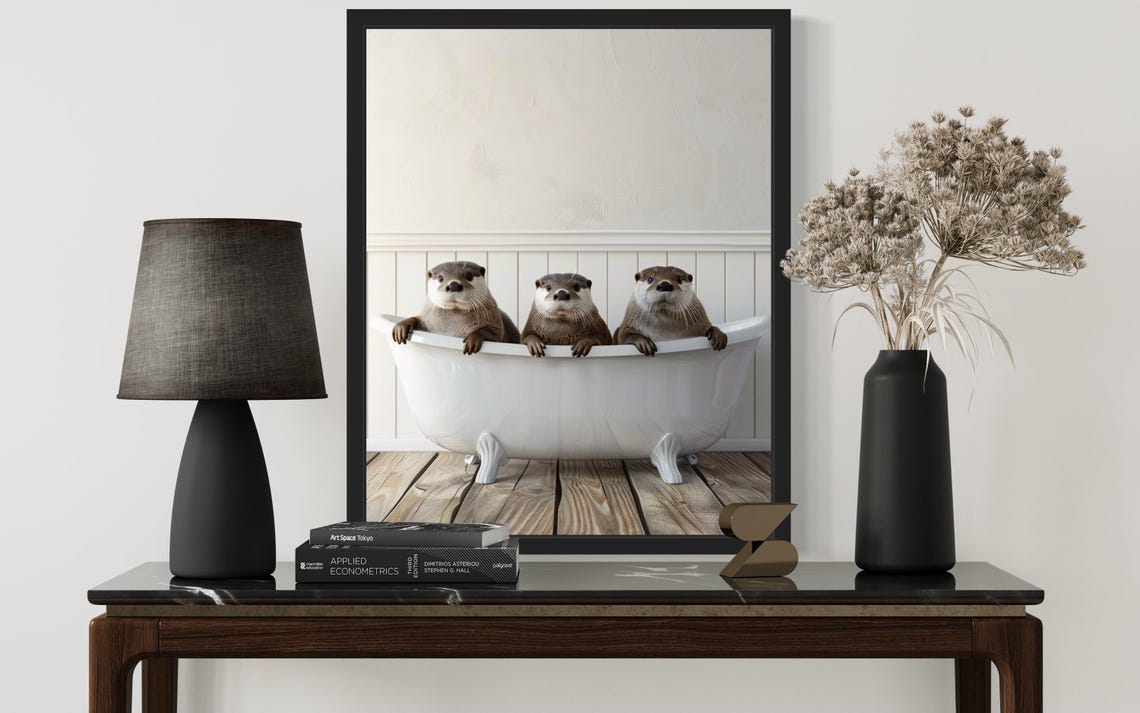 Three Otters Peeking Over a White Clawfoot Bathtub Photo Poster - Image 3