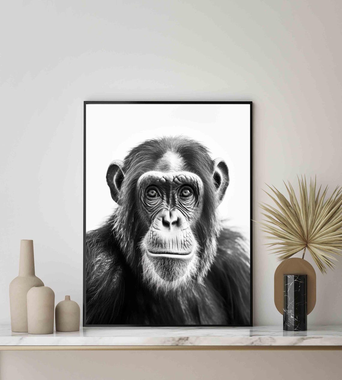 Soulful Chimpanzee Face Portrait in Black and White Art Poster - Image 4