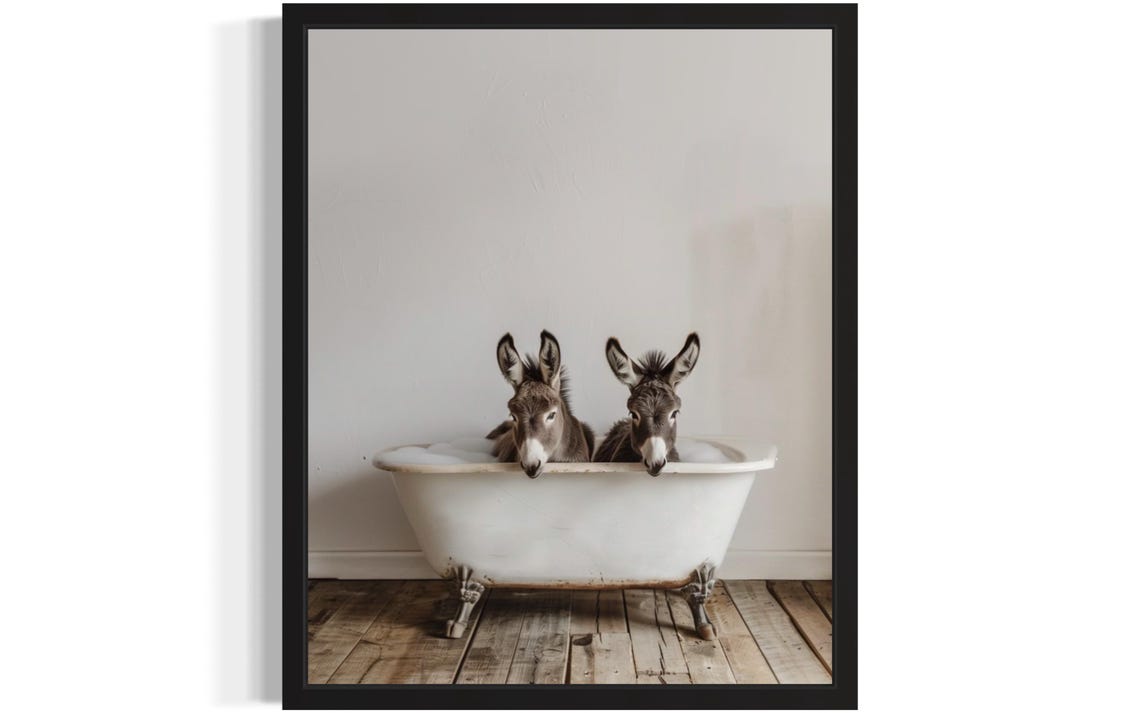 Two Curious Donkeys Peeking Over Vintage Clawfoot Bathtub Funny Poster
