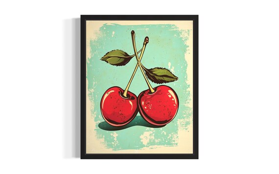 Retro Cherry Pair Pop Art Poster Teal Background Vintage Kitchen Decor