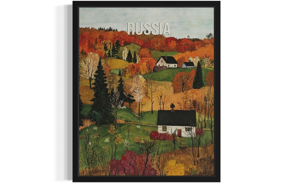 Russia Fiery Autumn Countryside with Forest Cabins Travel Poster