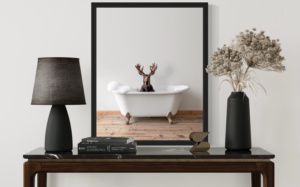 Moose with Antlers Sitting in a White Bubble Bath Tub Photo Poster - Image 2