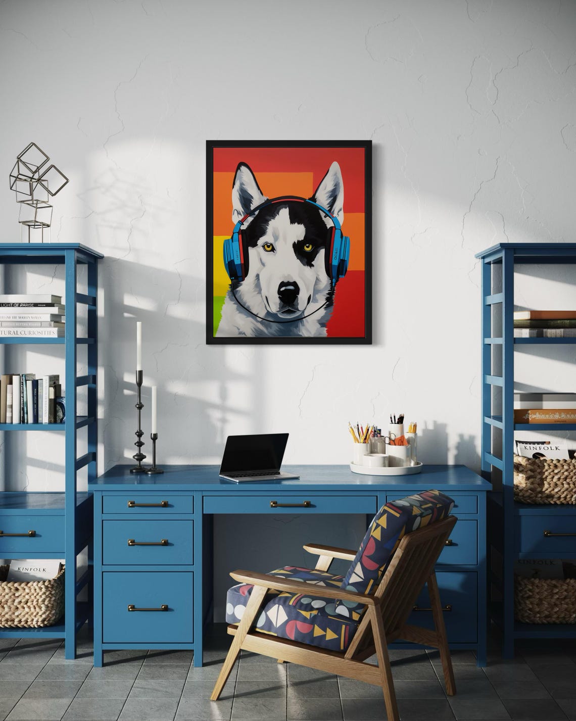 Siberian Husky Wearing Blue Headphones Rainbow Pop Art Poster - Image 3