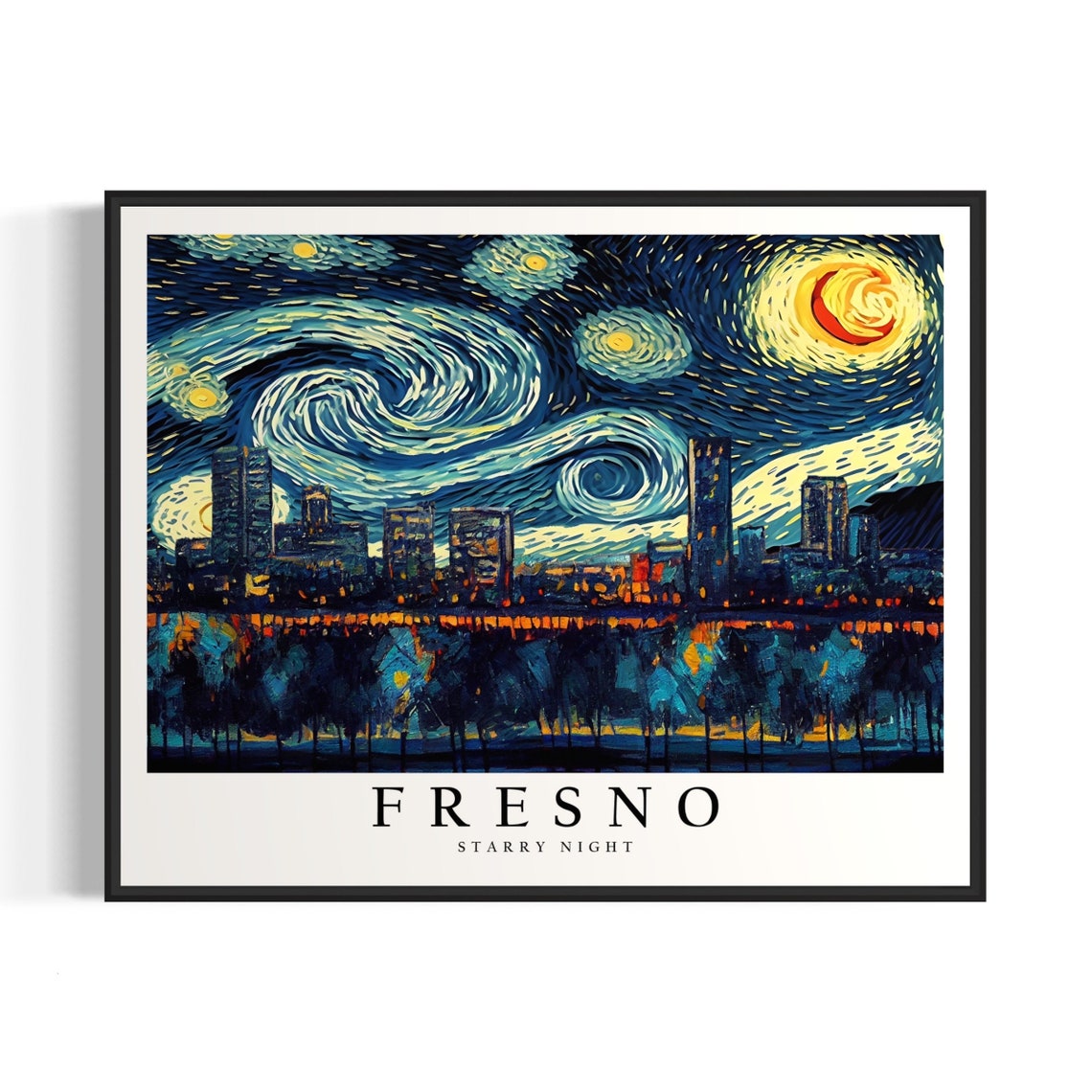 Fresno California Night Skyline Van Gogh Starry Night Poster
