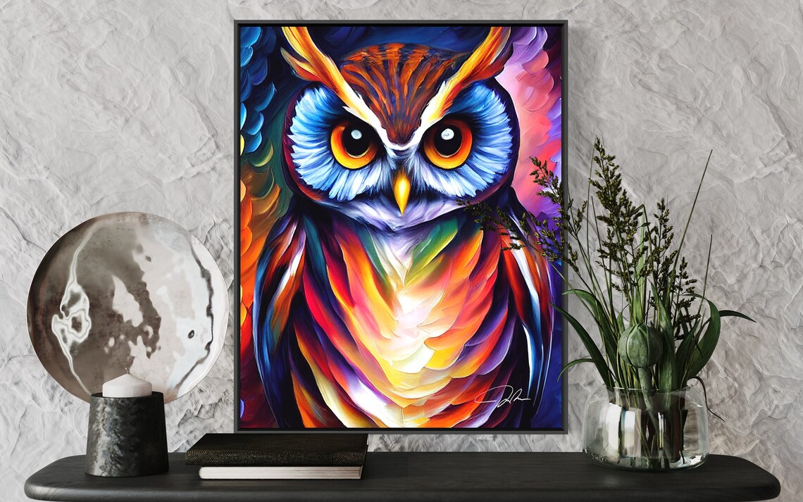 Rainbow Abstract Owl Face Vibrant Expressive Oil Painting Poster