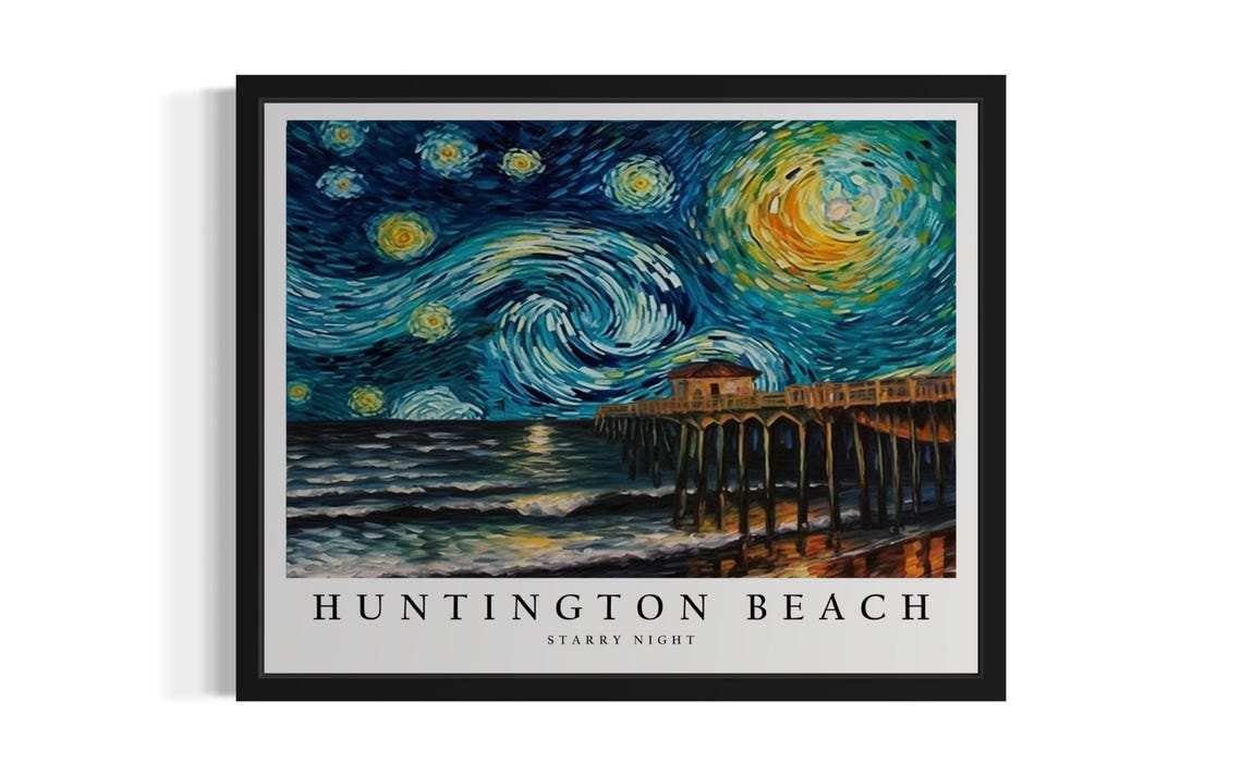Huntington Beach California Pier Starry Night Ocean Waves Poster