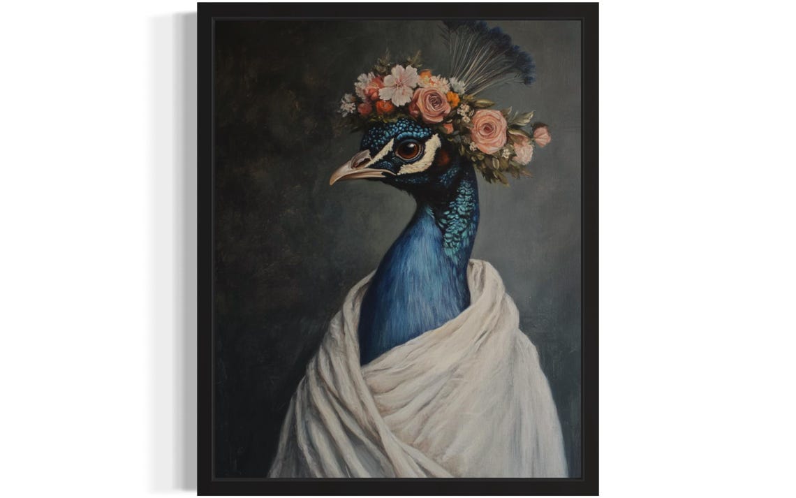Peacock Portrait with Flower Crown in White Drape Art Poster