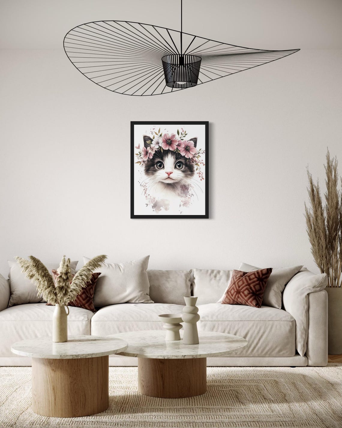 Kitten with Pink Flower Crown Watercolor Cute Cat Portrait Poster - Image 3