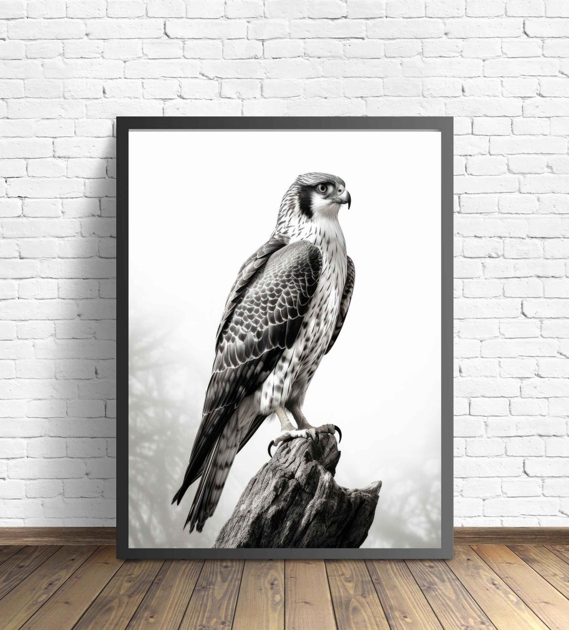 Falcon Black and White Bird of Prey Perched on Stump Portrait Poster - Image 2