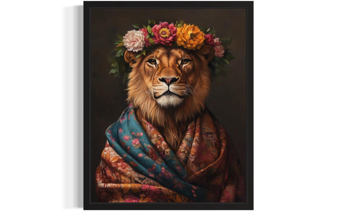 Lion Wearing Flower Crown and Floral Shawl Fine Art Decor Poster