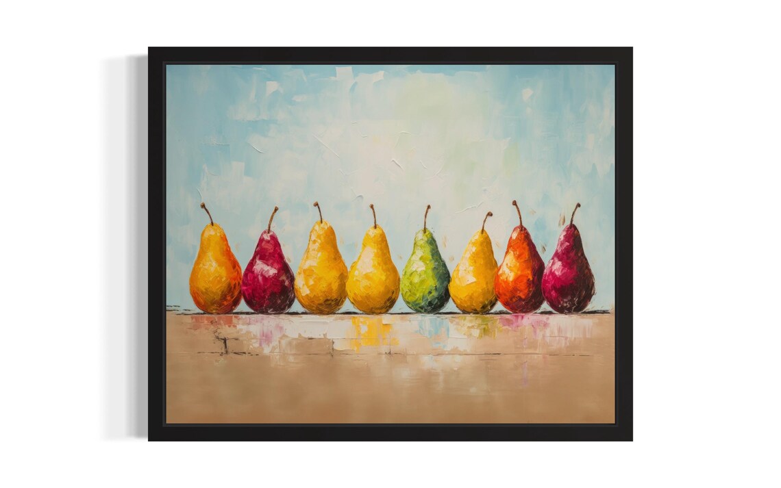 Colorful Row of Ripe Pears on Wooden Shelf Still Life Painting Poster