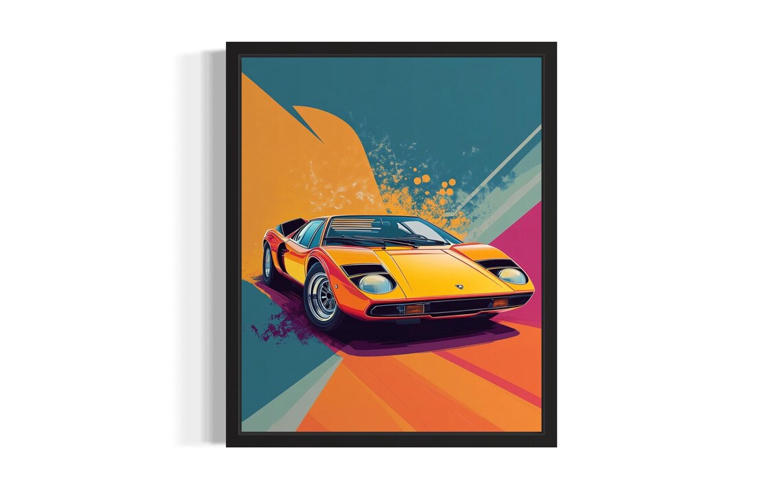 Vintage Lamborghini Miura Pop Art Bold Orange and Teal Poster