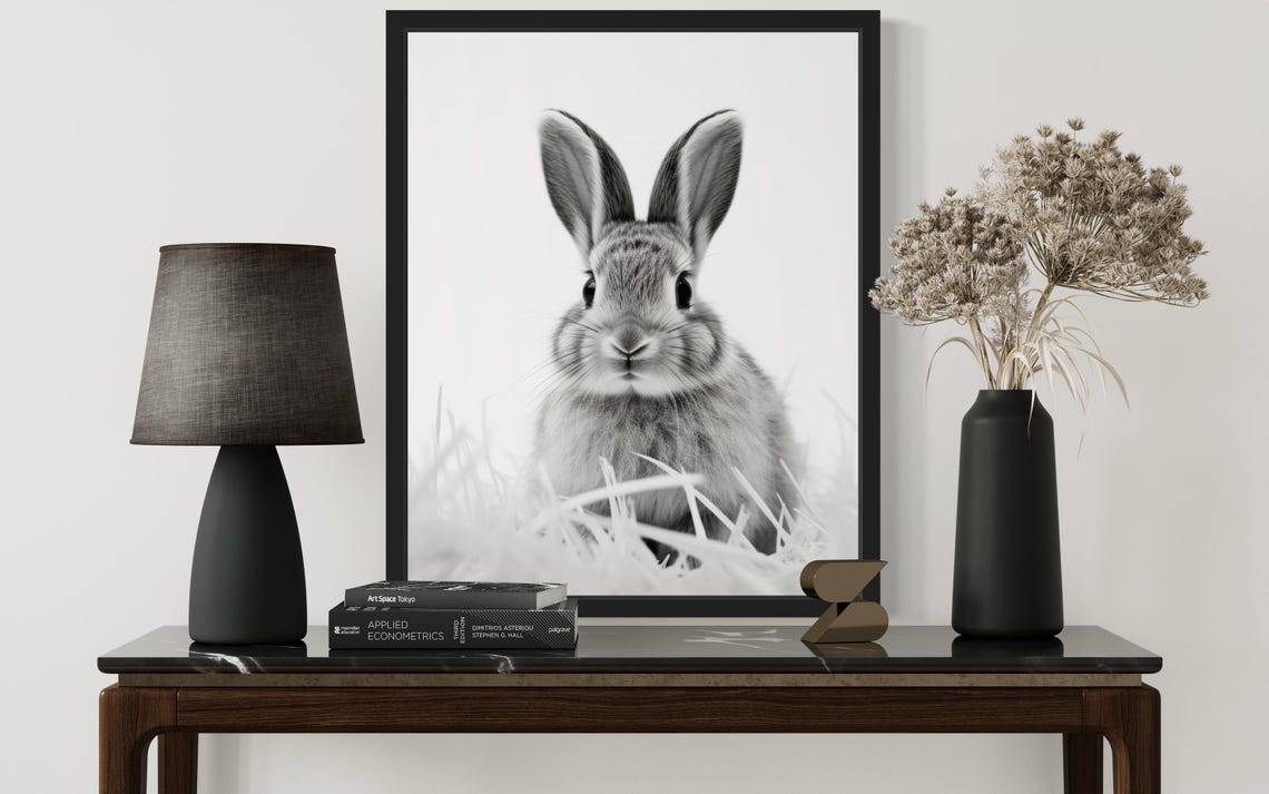 Rabbit Close-Up Monochrome Wildlife Photography Decor Poster - Image 2