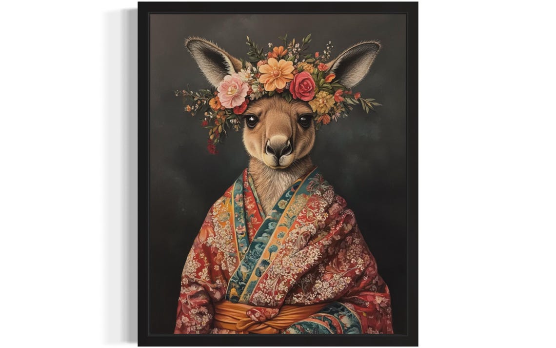 Kangaroo Wearing Flower Crown and Floral Kimono Fine Art Decor Poster
