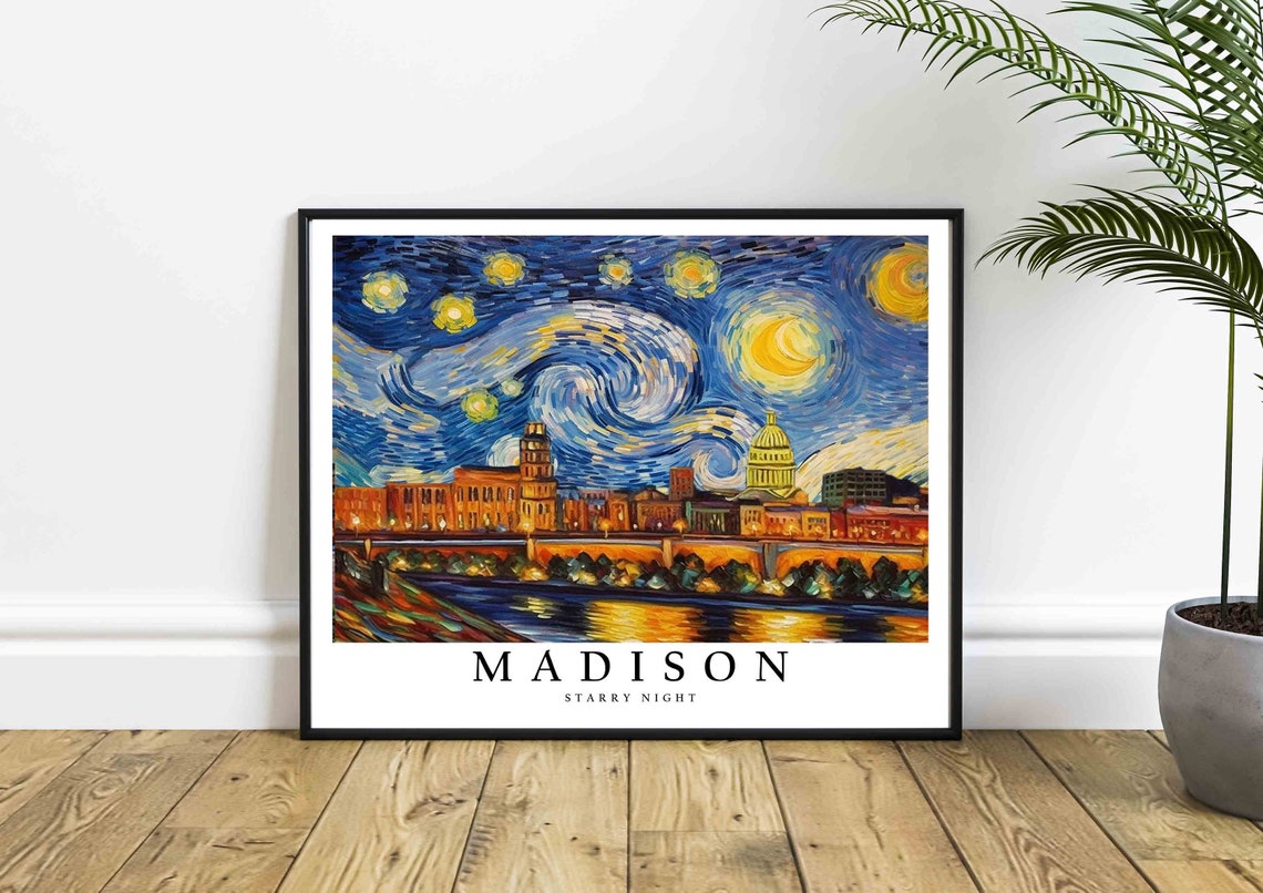 Madison Starry Night Capitol Dome Waterfront City Glow Poster - Image 4