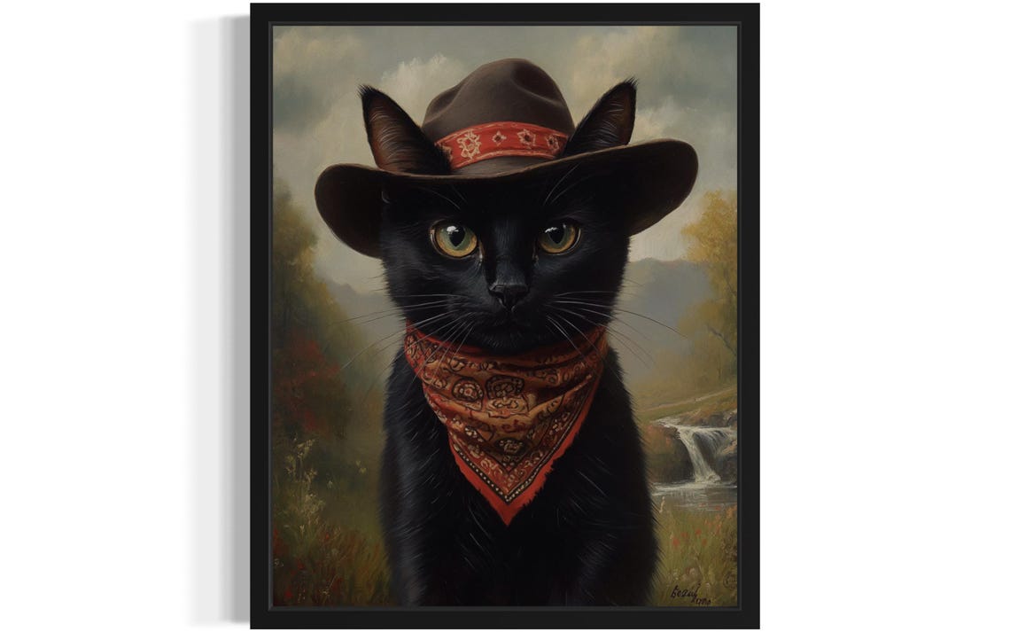 Black Cat Cowboy Portrait With Hat And Paisley Bandana Poster