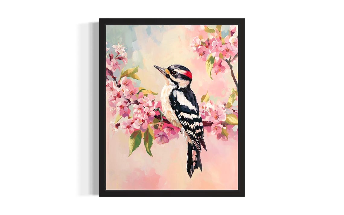 Downy Woodpecker With Pink Blossoms Spring Bird Painting Art Poster