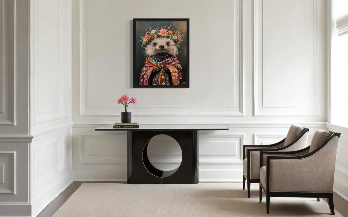 Porcupine Wearing Flower Crown and Floral Shawl Fine Art Decor Poster - Image 4
