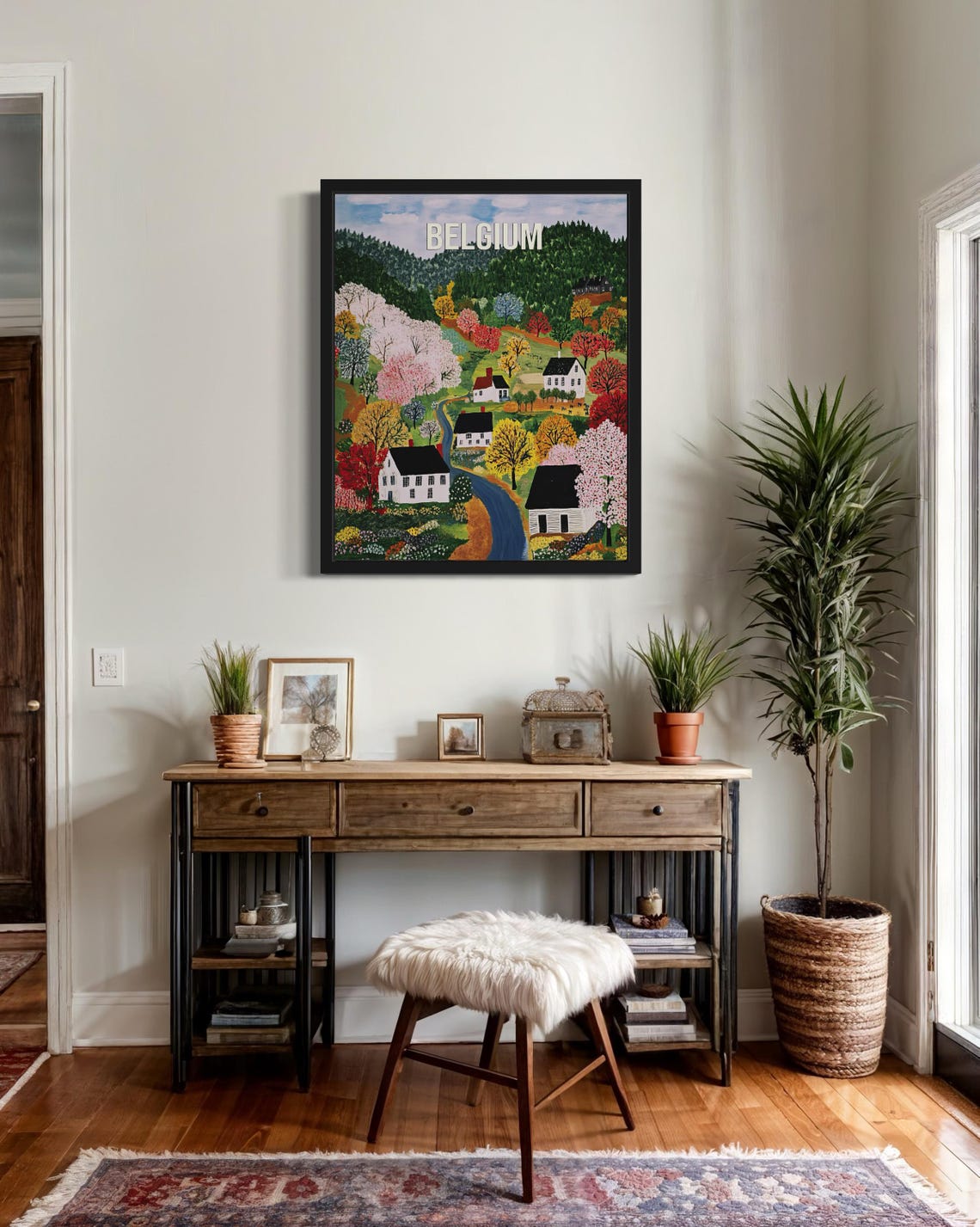 Belgium Pink Blossom Trees White Cottages Spring Folk Art Poster - Image 2