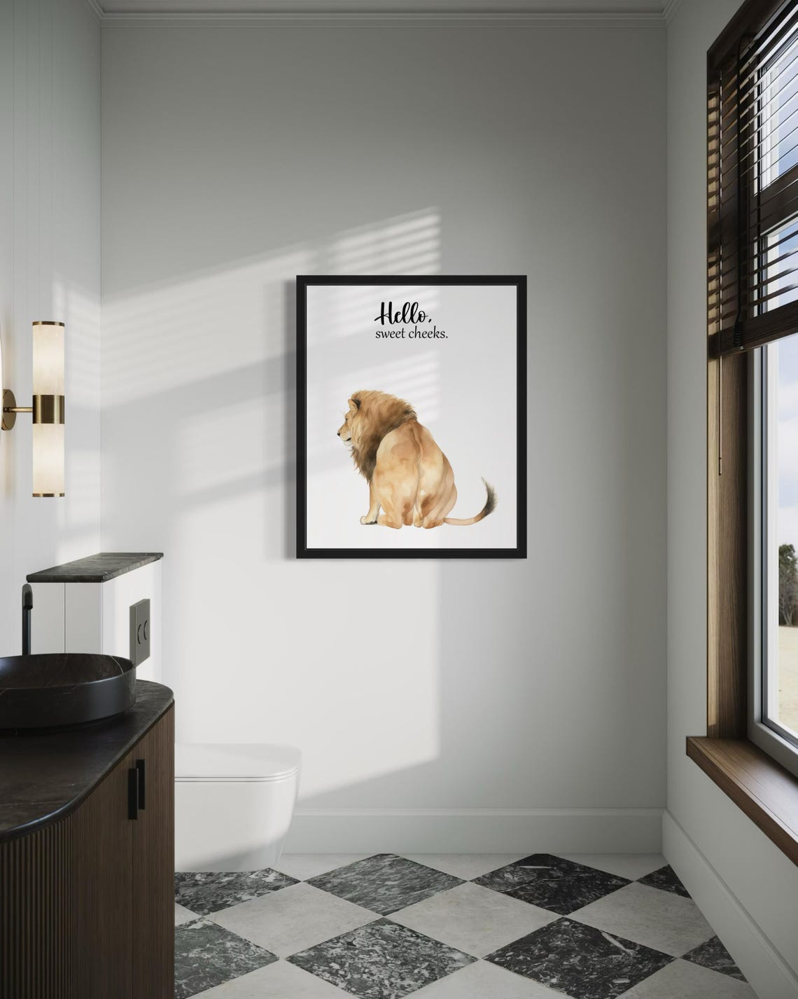 Hello Sweet Cheeks Male Lion From Behind Bathroom Humor Poster - Image 4